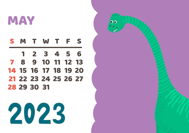 Linda plantilla de calendario de dinosaurios para la serie infantil Mayo