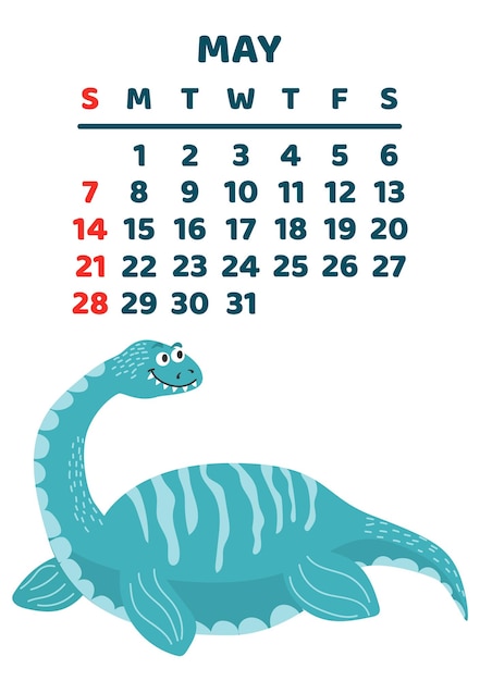 Linda plantilla de calendario de dinosaurios para la serie infantil mayo