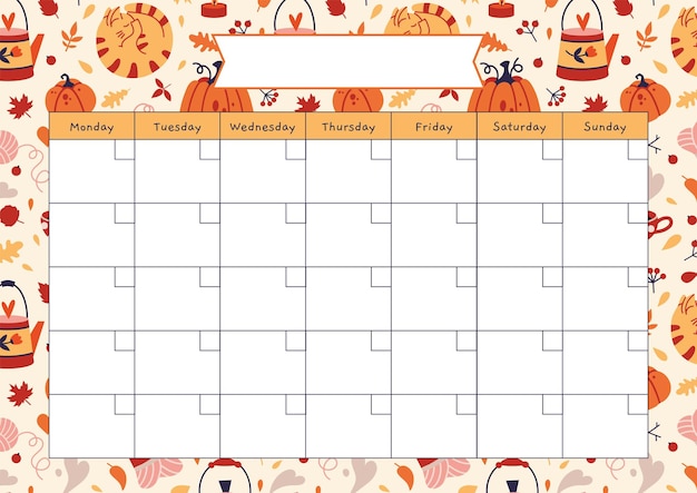 Linda plantilla de calendario mensual con un acogedor estilo de dibujos animados de fondo de otoño Planificador de hojas de papel A4 imprimible para diario de viñetas Ilustración vectorial moderna de moda diseño plano dibujado a mano