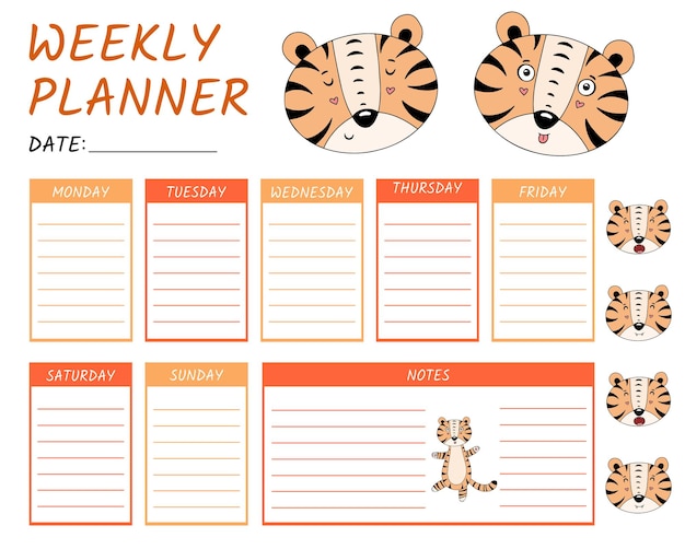 Vector linda plantilla de planificador semanal de calendario con tigre