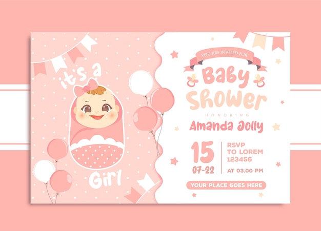 Linda plantilla rosa de invitación de baby shower para niña