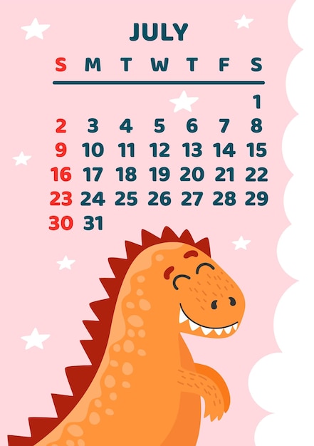 Linda plantilla de vector de calendario de dinosaurios para la serie infantil julio
