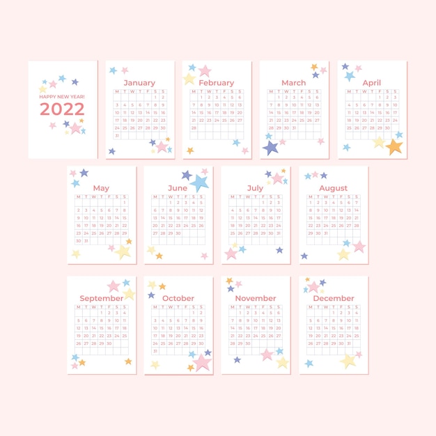 Vector linda plantilla vertical de calendario 2022, calendario mensual con lindo fondo de estrella
