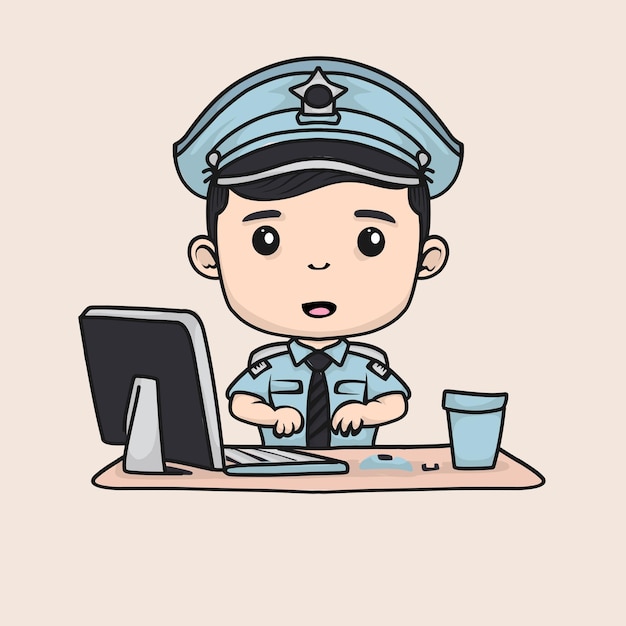 La linda policía chibi trabaja frente a la ilustración de la computadora