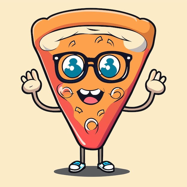 Vector linda porción de pizza con gafas con los pulgares hacia arriba ilustración de icono de vector de dibujos animados