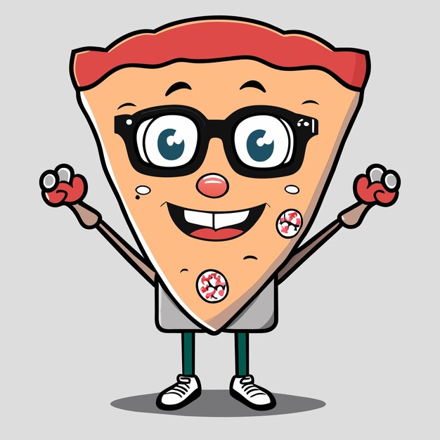 Linda porción de pizza con gafas con los pulgares hacia arriba ilustración de icono de vector de dibujos animados