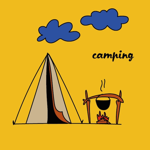 linda postal, acampando con carpa fogata olla