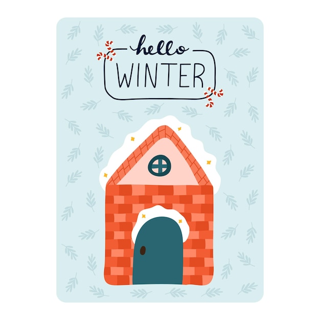 Linda postal para Feliz Navidad Año nuevo vacaciones de invierno Cartel con letras encantadoras Hola invierno vector dibujado a mano ilustración de casa de pueblo nevada cubierta de nieve Plantilla de tarjeta de felicitación