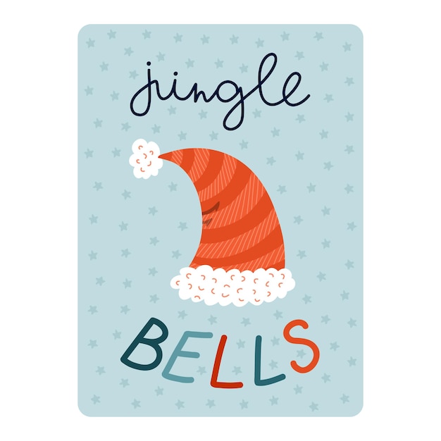 Linda postal para Feliz Navidad Año nuevo vacaciones de invierno Cartel con letras encantadoras Jingle bells vector ilustración dibujada a mano de esponjoso sombrero de Santa con estrellas de rayas Plantilla de tarjeta de felicitación