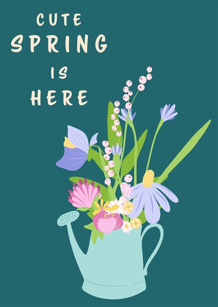Linda primavera está aquí colección de vectores de flores conjunto de ramo floral postal dibujada a mano