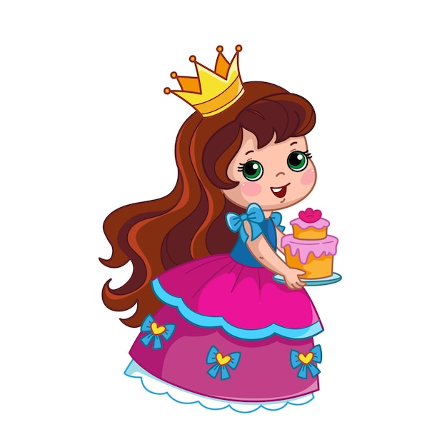 Una linda princesa de dibujos animados sosteniendo un pastel Vector divertido personaje en un vestido de fiesta hinchado cumpleaños de niñas