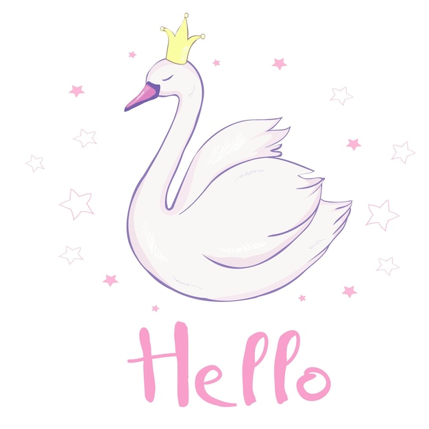 Linda princesa encantadora cisne en la ilustración de vector de fondo blanco