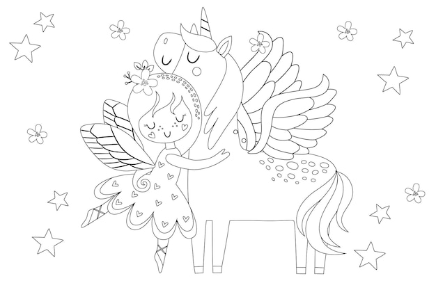 Linda princesa hada abrazo con un unicornio y tierra de flores Ilustración de cuentos de hadas de dibujos animados vectoriales