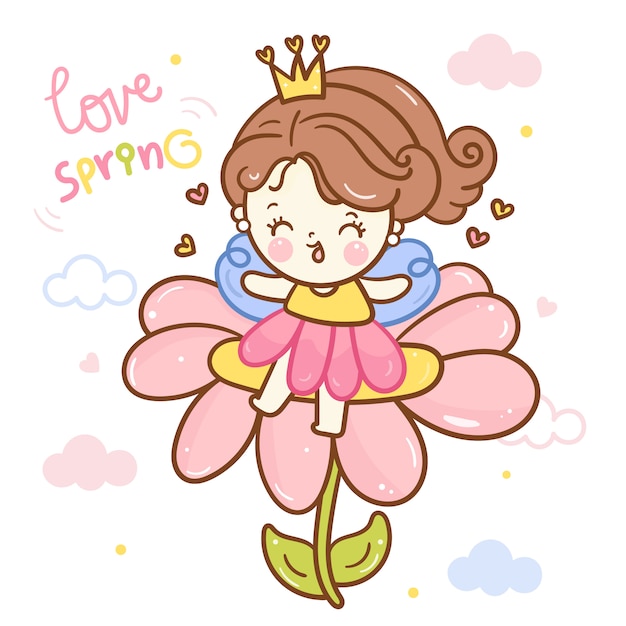 Linda princesa de hadas de dibujos animados de ángel en flor