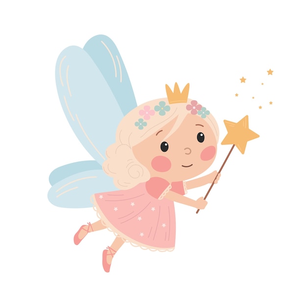 Una linda princesa de hadas con varita mágica sobre un fondo blanco