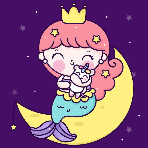 Linda princesa sirena abrazo de dibujos animados muñeca unicornio en la luna animal kawaii