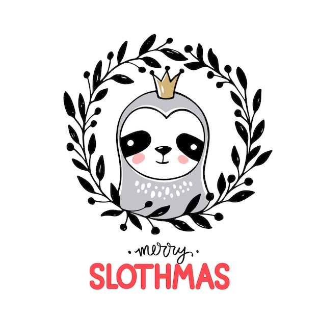 Linda princesa Sloth, tarjeta de felicitación de feliz Navidad.
