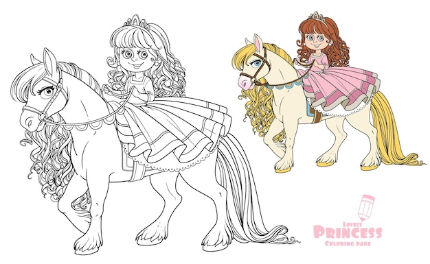 Linda princesita cabalgando sobre un caballo blanco y una imagen delineada para un libro de colorear sobre fondo blanco