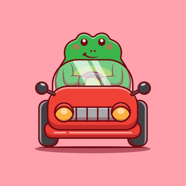 Linda rana conduciendo un coche de dibujos animados vector icono ilustración animal kawaii