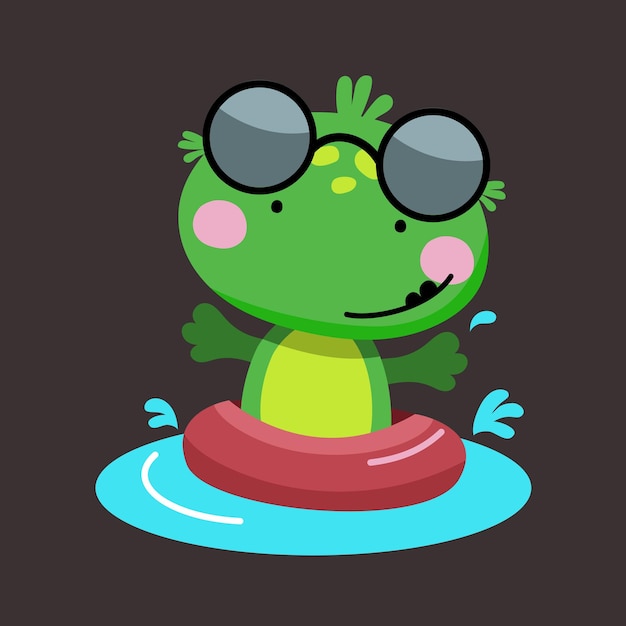 Linda rana con gafas nada en un aro salvavidas en la piscina Ilustración vectorial aislada en un piso