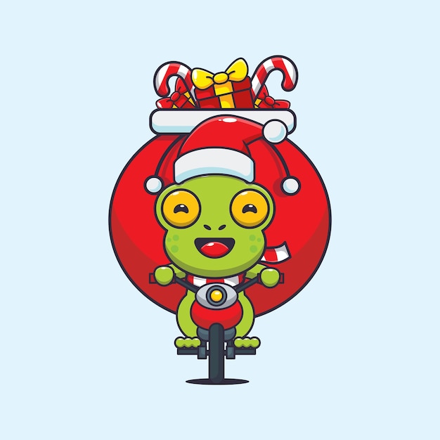 Linda rana llevando regalo de navidad con motocicleta. linda ilustración de dibujos animados de navidad.
