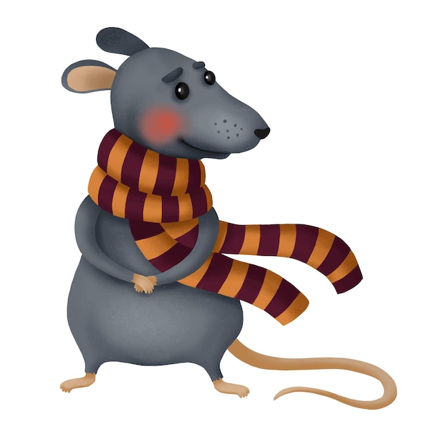 Vector linda rata de dibujos animados mascota del mago en bufanda a rayas