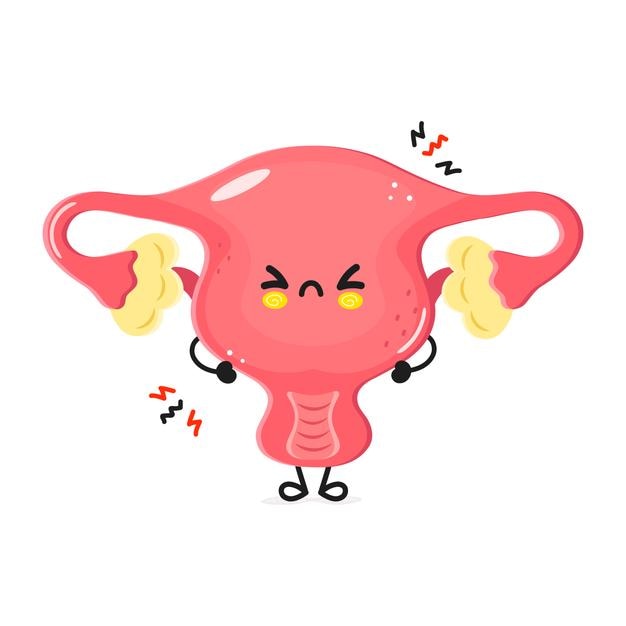 Una linda representación de dibujos animados de un útero cansado con rasgos faciales expresivos y una postura relajada