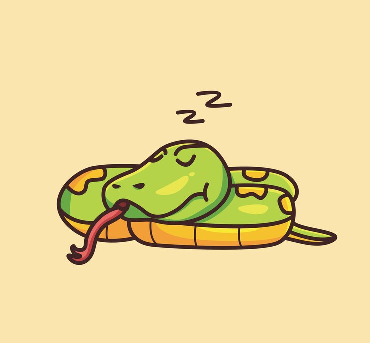 Linda serpiente duerme en el suelo. concepto de naturaleza animal de dibujos animados Ilustración aislada. Estilo plano adecuado para el vector de logotipo premium de diseño de icono de etiqueta. Personaje de mascota