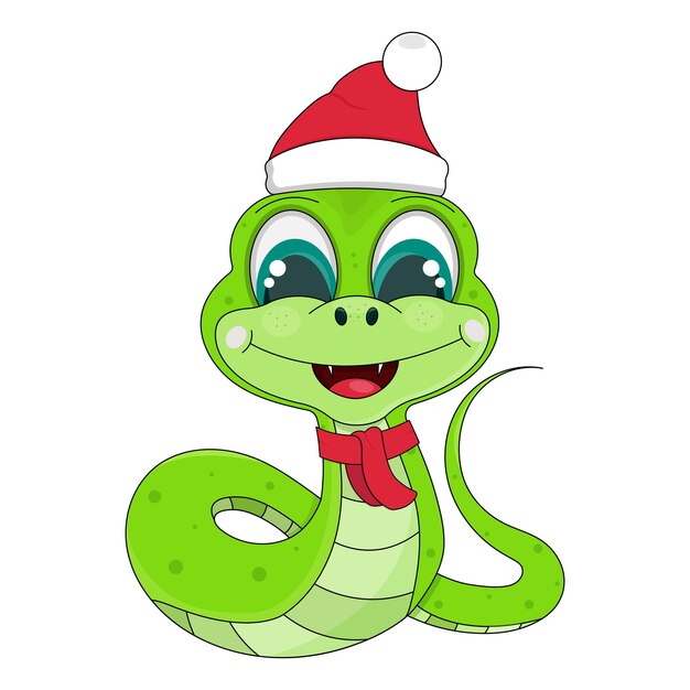 Linda serpiente verde de dibujos animados con ojos grandes sombrero rojo y bufanda sobre un fondo blanco