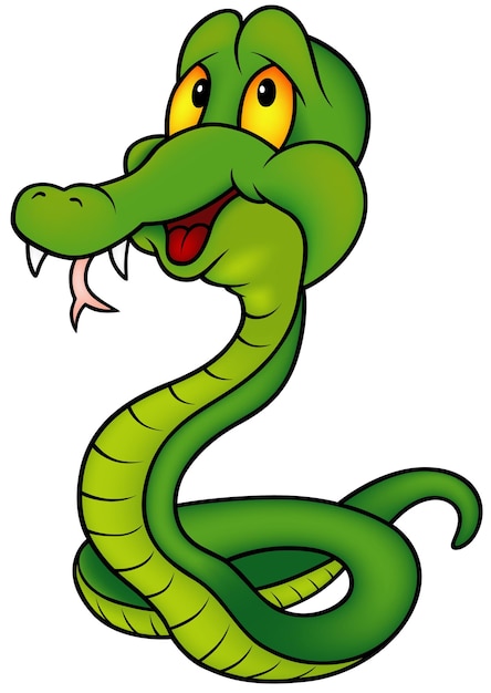 Vector linda serpiente verde con sonrisa y ojos amarillos como ilustración de dibujos animados