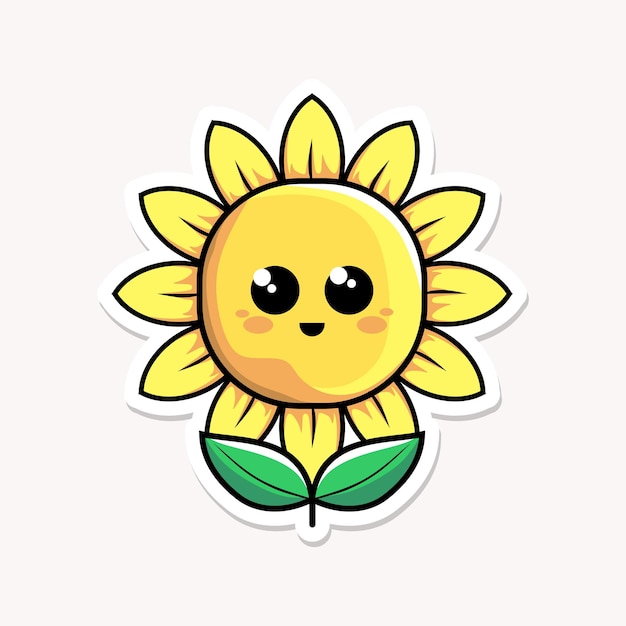 Una linda y simple ilustración al estilo kawaii de un girasol con una cara sonriente y grandes ojos redondos