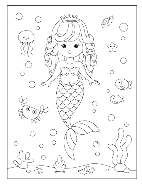 Vector linda sirena con fondo de océano para colorear, pintar e imprimir