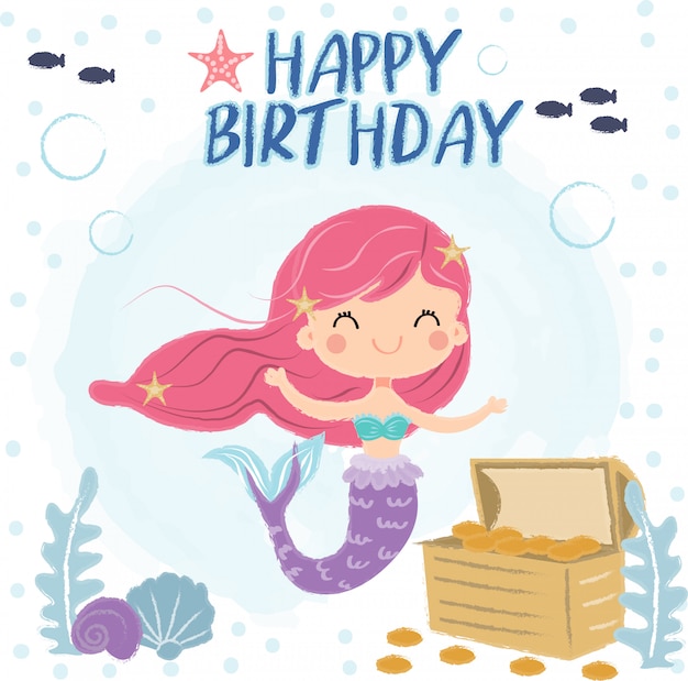 Linda sirena bajo el mar para tarjeta de felicitación de cumpleaños