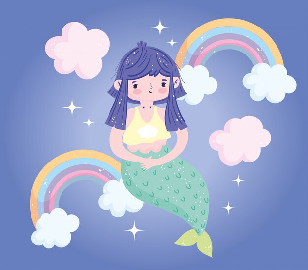 Vector linda sirenita arco iris brillante nubes bonita caricatura