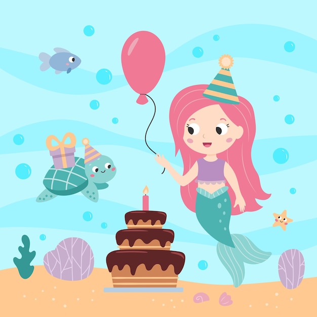 Vector linda sirenita con globo y pastel de cumpleaños