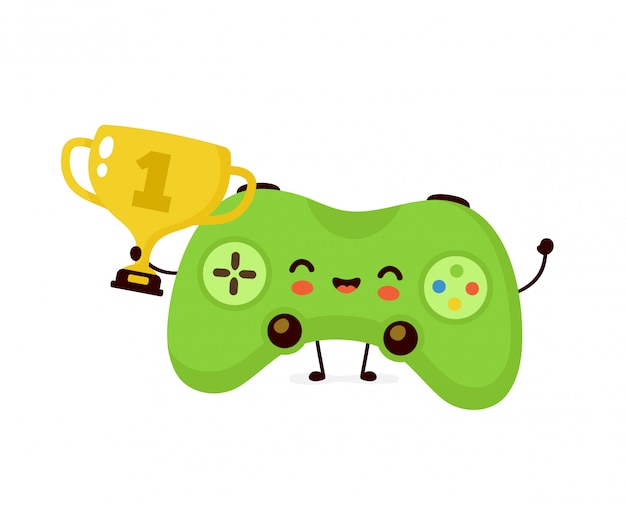Linda sonrisa feliz juego joystick mantenga copa trofeo de oro. Ilustración de personaje de dibujos animados plana. Aislado sobre fondo blanco. Joystick del juego con el concepto de personaje ganador de la copa trofeo