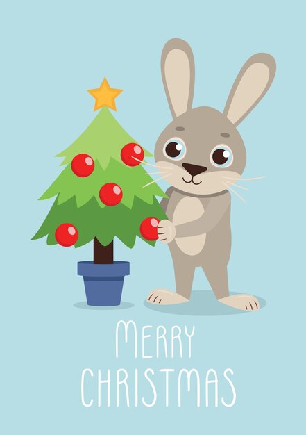 Linda tarjeta de año nuevo y Navidad con liebre.