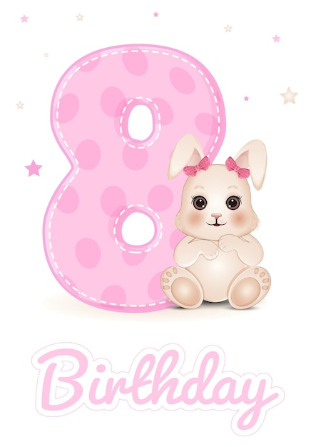 Linda tarjeta de baby shower con el número 8 y el conejo Día de cumpleaños Ilustración vectorial