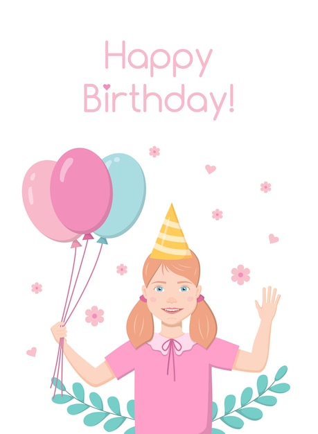 Linda tarjeta de cumpleaños concepto infantil Niña bonita con globos Ilustración vectorial
