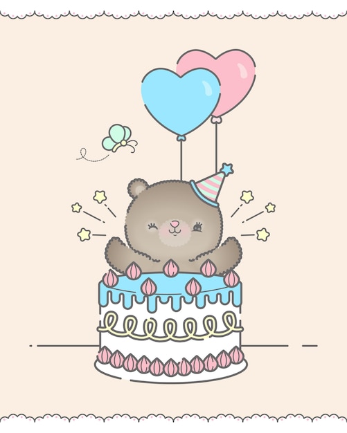 Linda tarjeta de cumpleaños con oso y pastel vector premium