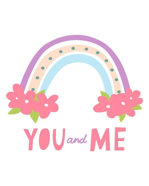 Linda tarjeta para el Día de San Valentín dibuja a mano un lindo arco iris con flores y letras TÚ y YO