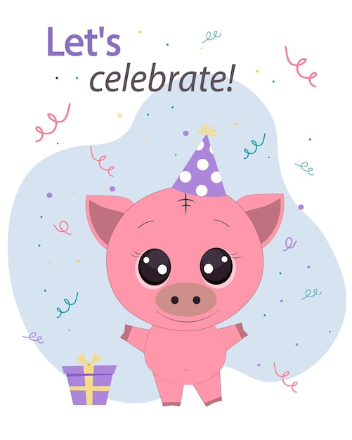 Una linda tarjeta de felicitación con un cerdito en una ilustración vectorial de sombrero de felicitación