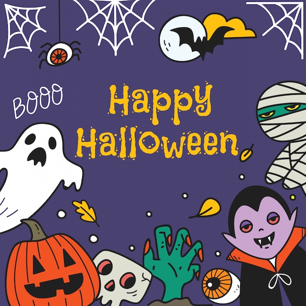 Linda tarjeta de felicitación de Halloween con personajes de dibujos animados de halloween