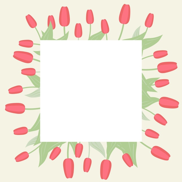 Vector linda tarjeta de felicitación con marco de flores tulipanes y tarjeta con amor ilustración vectorial plana