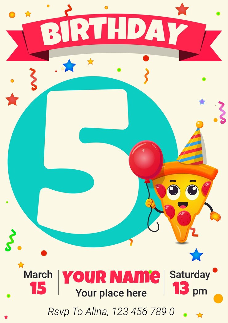 Vector linda tarjeta de felicitación con un pedazo de pizza niños feliz cumpleaños 5 años