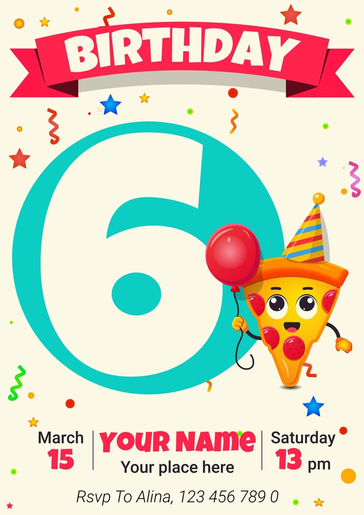 Vector linda tarjeta de felicitación con un pedazo de pizza niños feliz cumpleaños 6 años