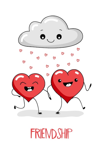 Vector linda tarjeta de felicitación, póster, impresión con dos corazones en estilo kawaii. ilustración de la amistad, día de san valentín