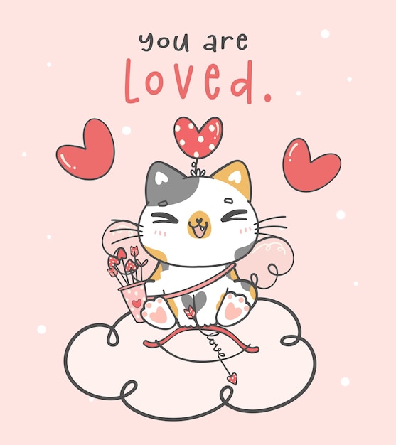 Linda tarjeta de felicitación de san valentín con kawaii sonrisa feliz gato calico cupido se sienta en una nube rosa con corazón