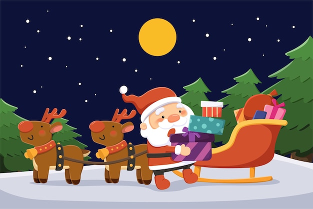 Linda tarjeta de felicitación de la víspera de Navidad Ilustración plana de Papá Noel estacionando su carro de renos y enviando la pila de regalos sobre un fondo azul oscuro.