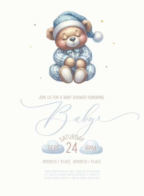 Una linda tarjeta de invitación de acuarela para la ducha de bebé con un oso durmiente